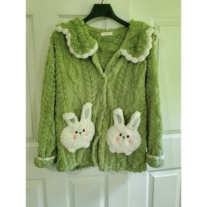 ALN Green Fuzzy Fleece Bunny Cardigan Peter Pan Collar Pom Pom Trim Size 4